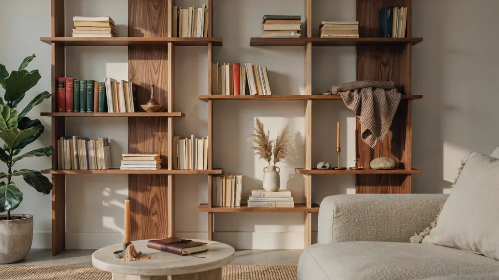 Asymmetrical bookshelf arrangement with plants and decorative accents.
