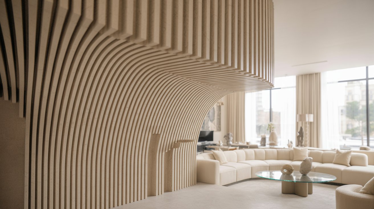 Fluted vertical textured wall adding height and architectural character to modern living room