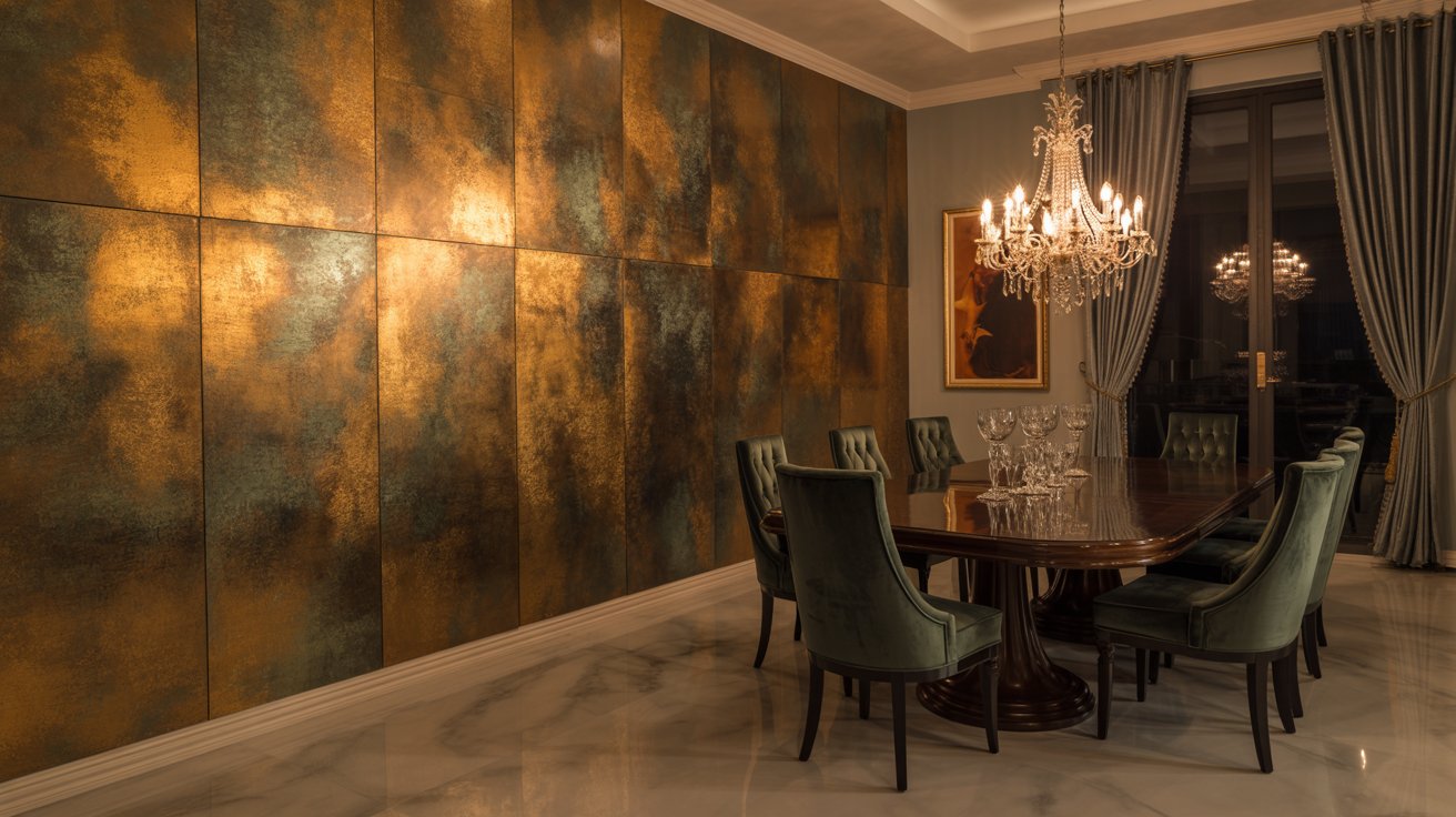 Metallic textured wall reflecting light and adding luxury to elegant interior