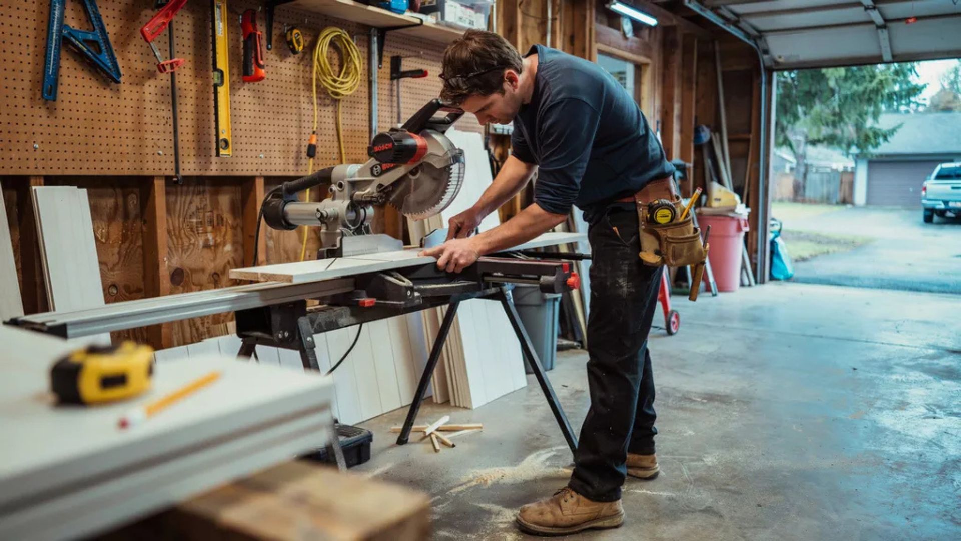 Measuring and cutting shiplap boards for installation.