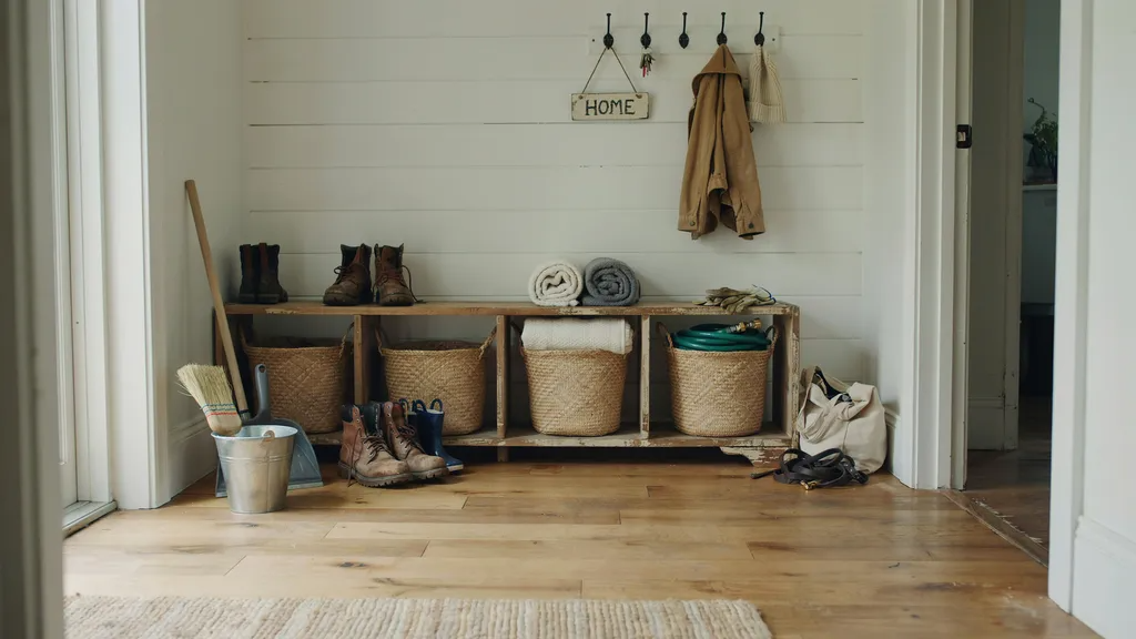 Bookshelf used as mudroom organizer with baskets and storage items.
