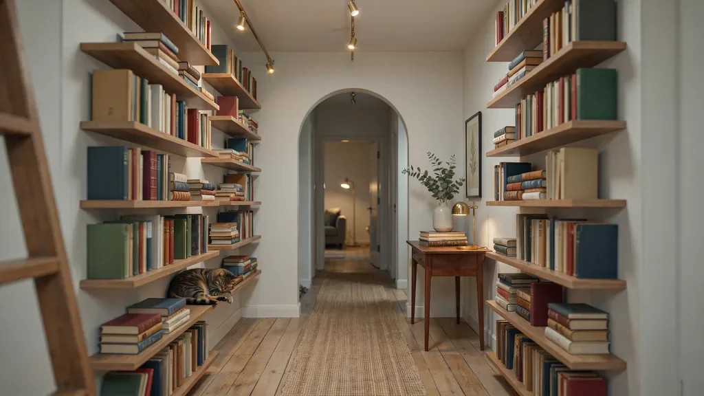 Hallway lined with bookshelves creating a home library atmosphere.