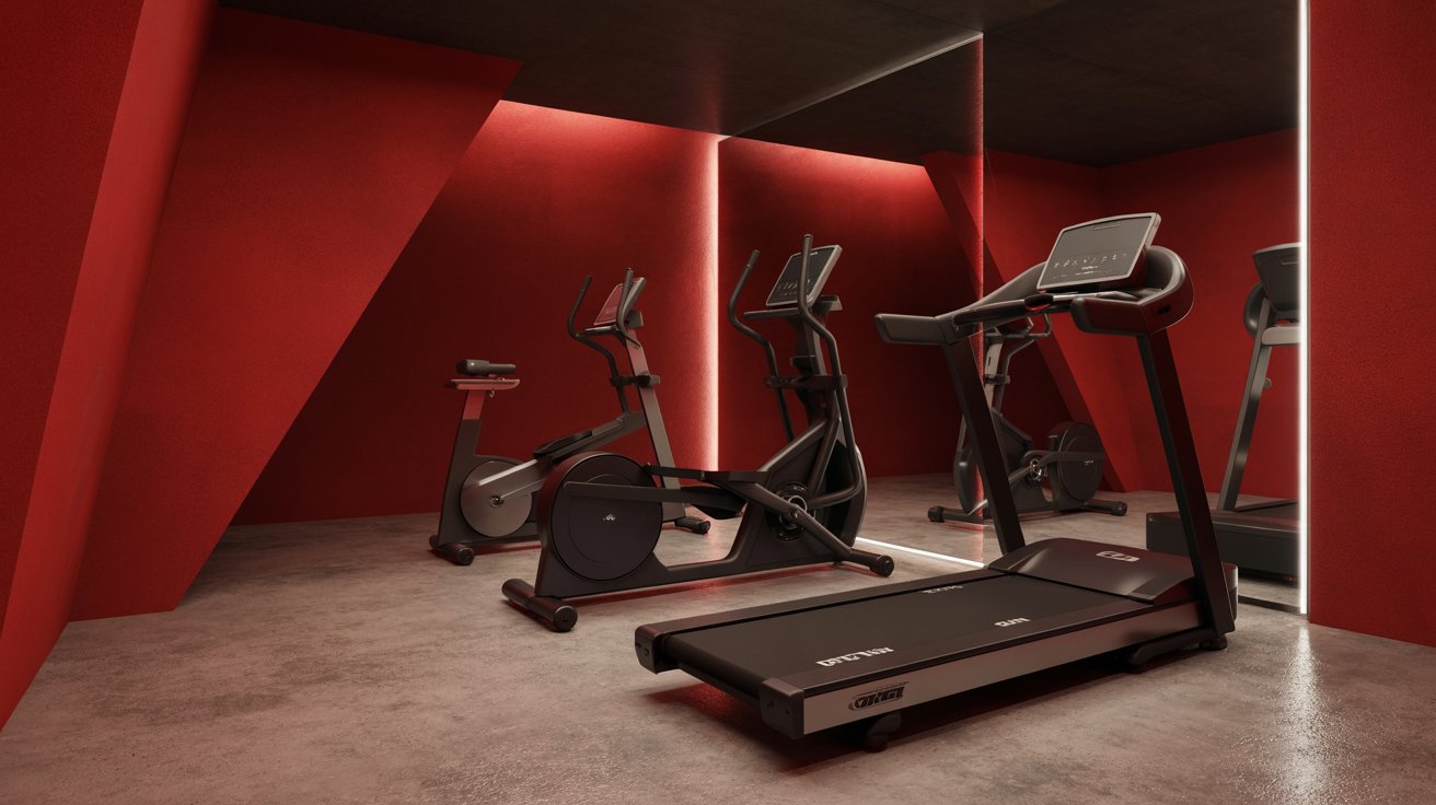 Home gym with bold red walls creating an energetic cardio workout environment