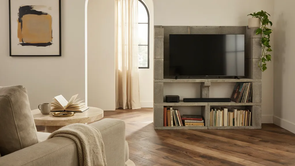 Cinder block TV stand bookshelf with storage