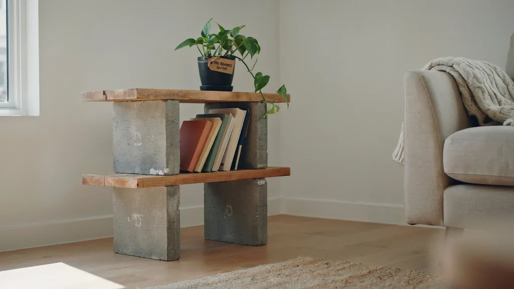 DIY cinder block bookshelf with wood planks and books in a home interior.