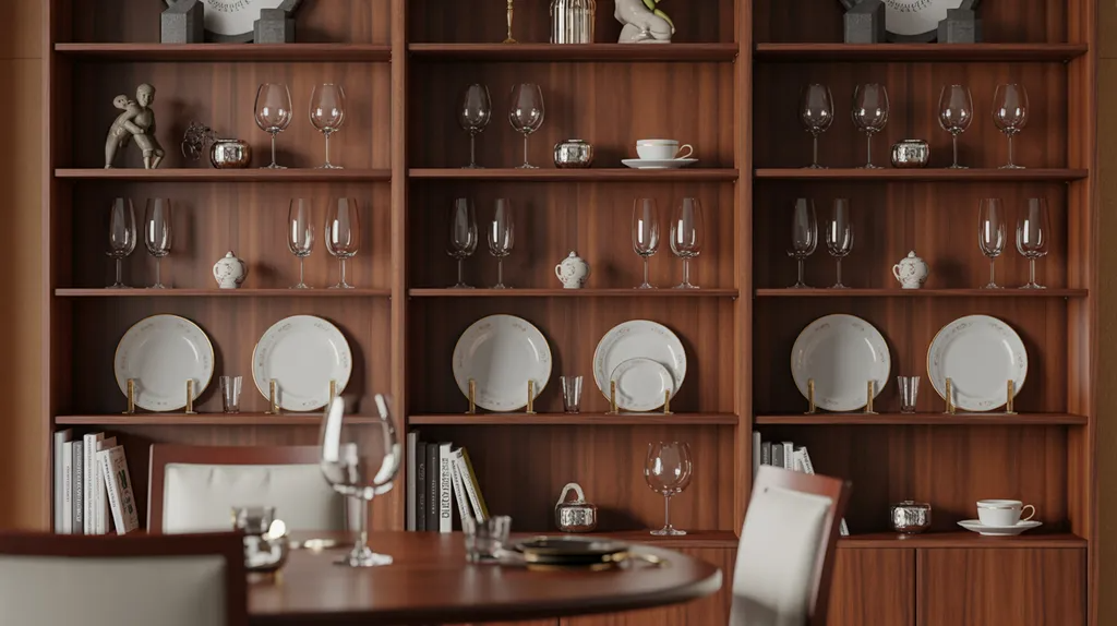 Bookshelf used for dining room dish display storage.