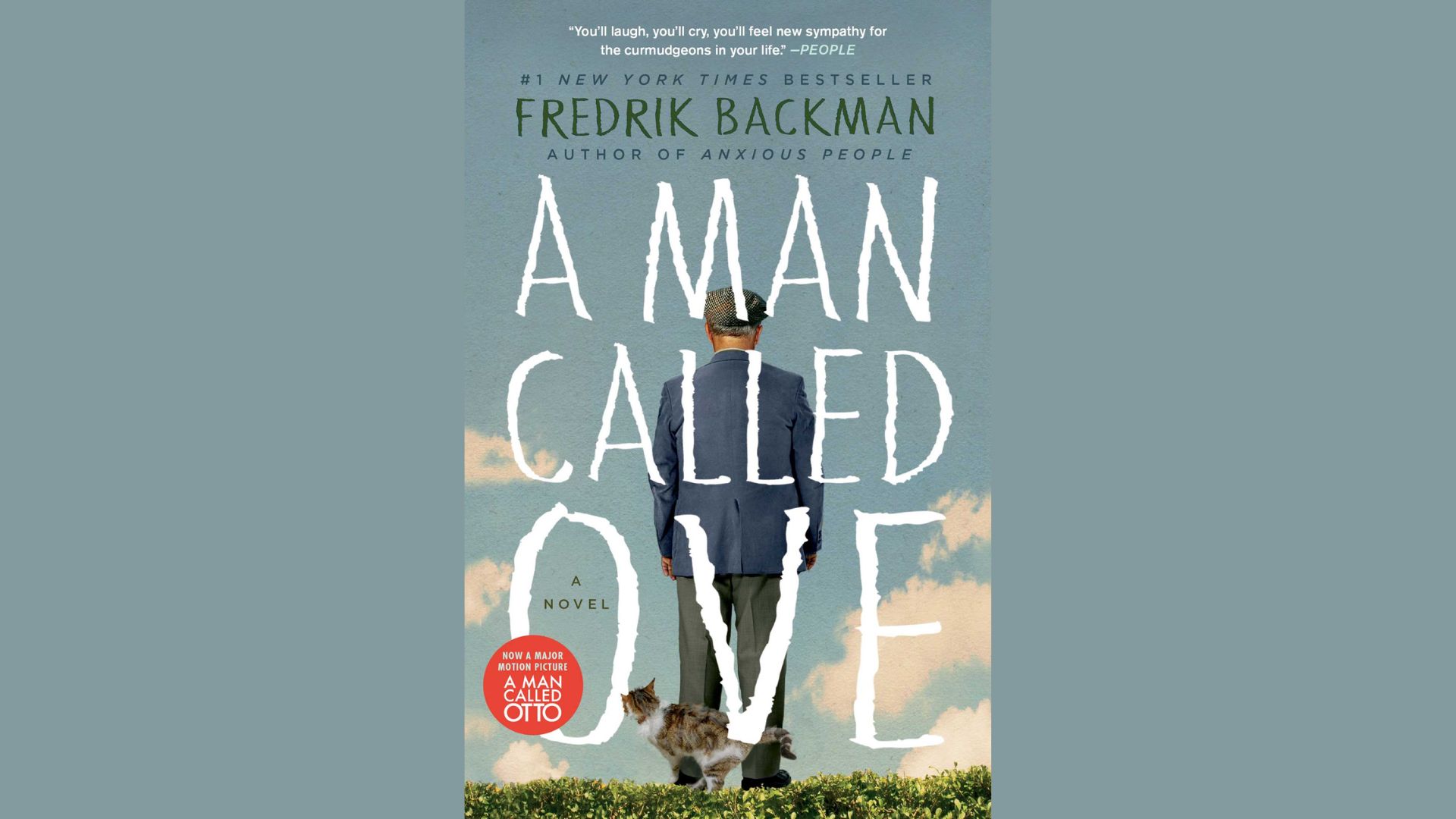 "Cover of 'A Man Called Ove' by Fredrik Backman, featuring a grumpy elderly man with a cat and a suburban background."