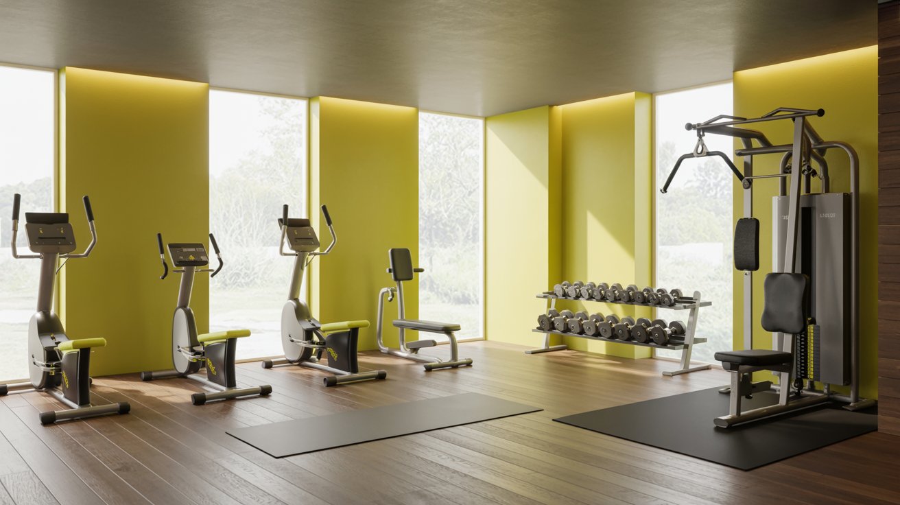 Light blue home gym promoting calm focus and refreshing workout energy