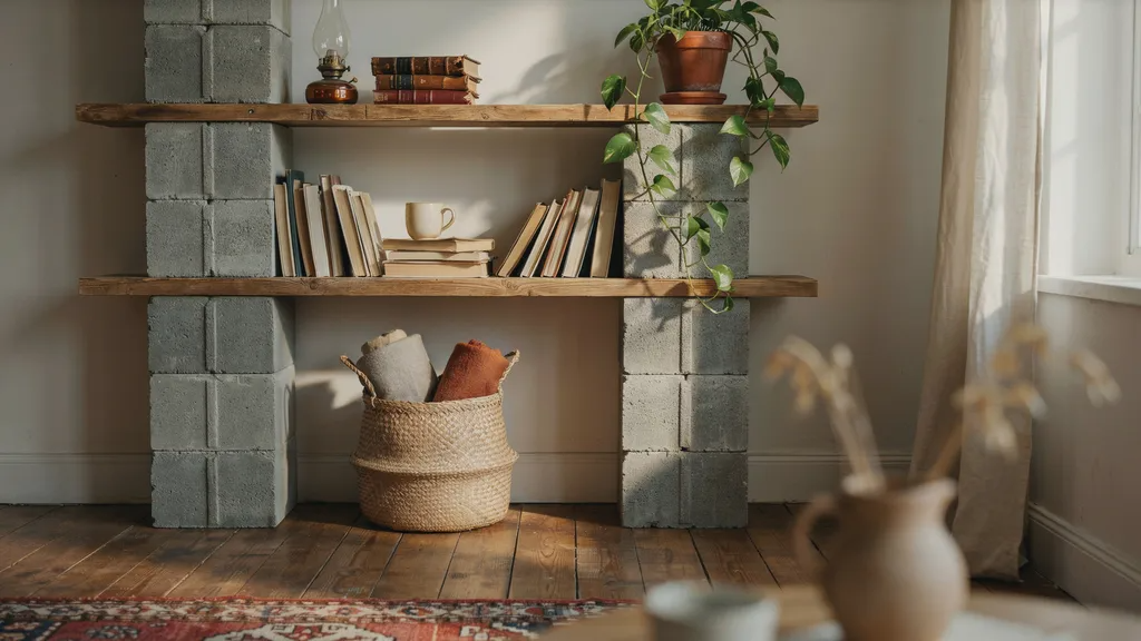 Rustic cinder block bookshelf with wood shelves and decor
