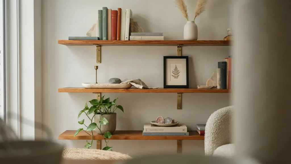 Bookshelf styled around a cohesive decorative theme.