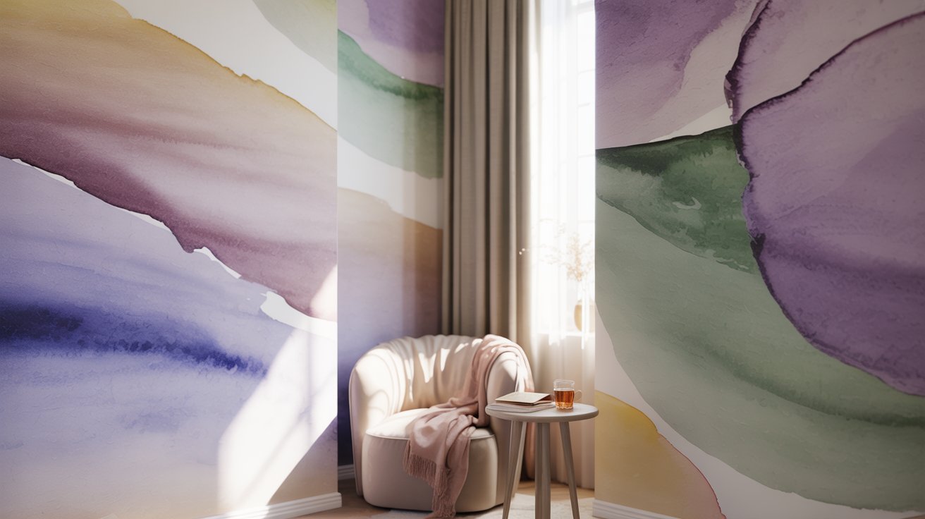 Watercolor inspired wall with blended colors creating artistic and calming bedroom atmosphere