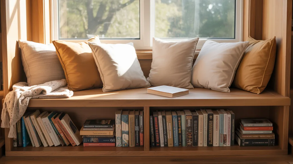 Bookshelf used as window seat with cushion and storage.