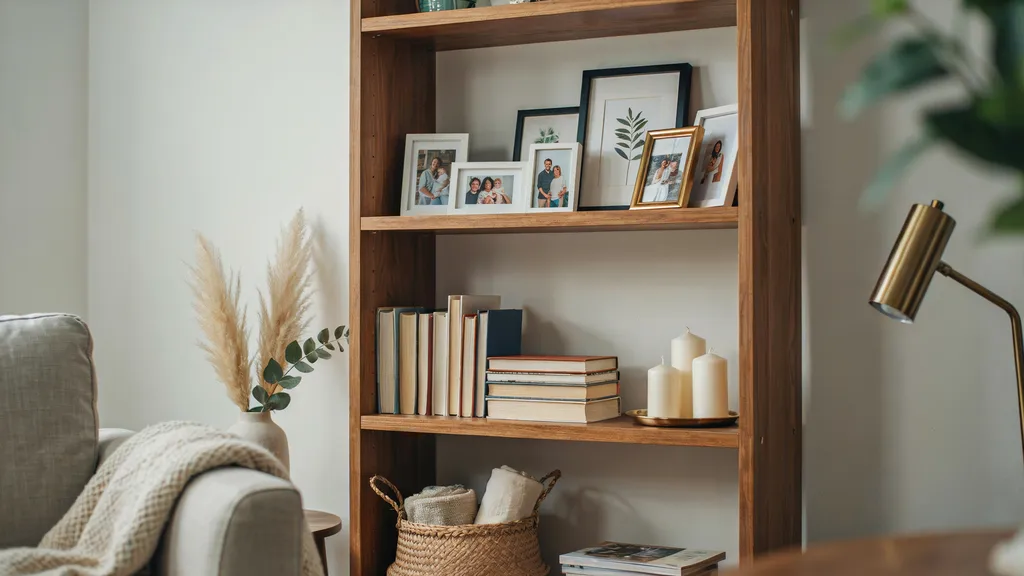 Bookshelf decorated with framed art, family photos, and books.