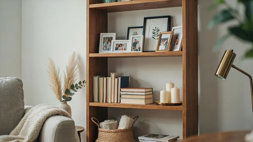 Bookshelf decorated with framed art, family photos, and books.