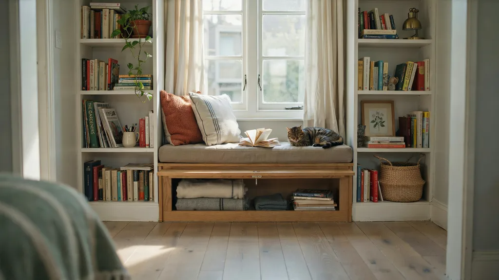 Window seat with storage built between two bookshelf units under a window.