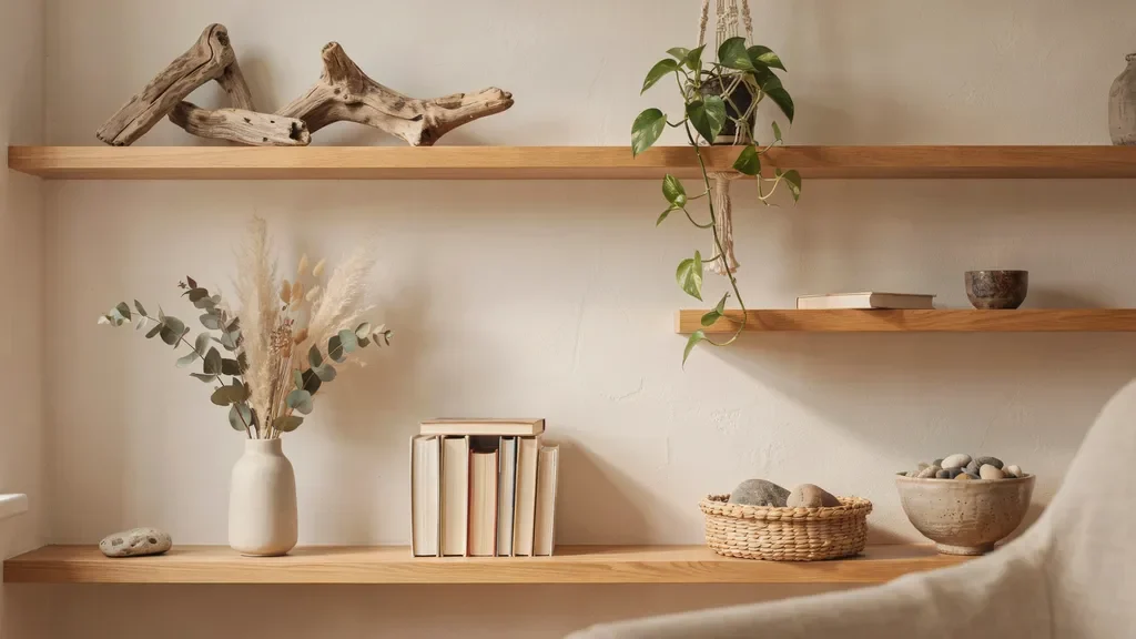 Bookshelf decorated with natural elements including driftwood, stones, and dried flowers.