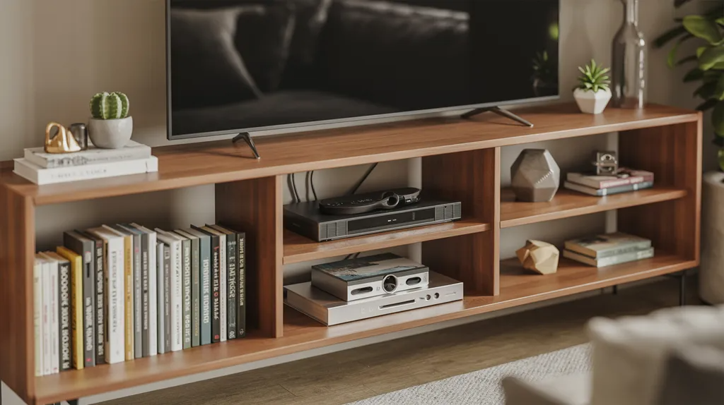 Bookshelf used as TV console with media storage.