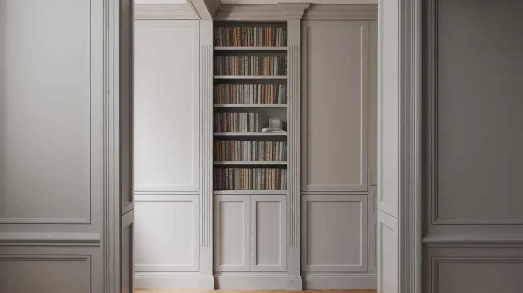 Bookshelf styled as built-in wall unit with trim.