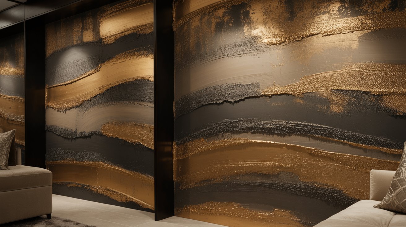 Layered textured wall combining finishes for rich dimensional luxury appearance