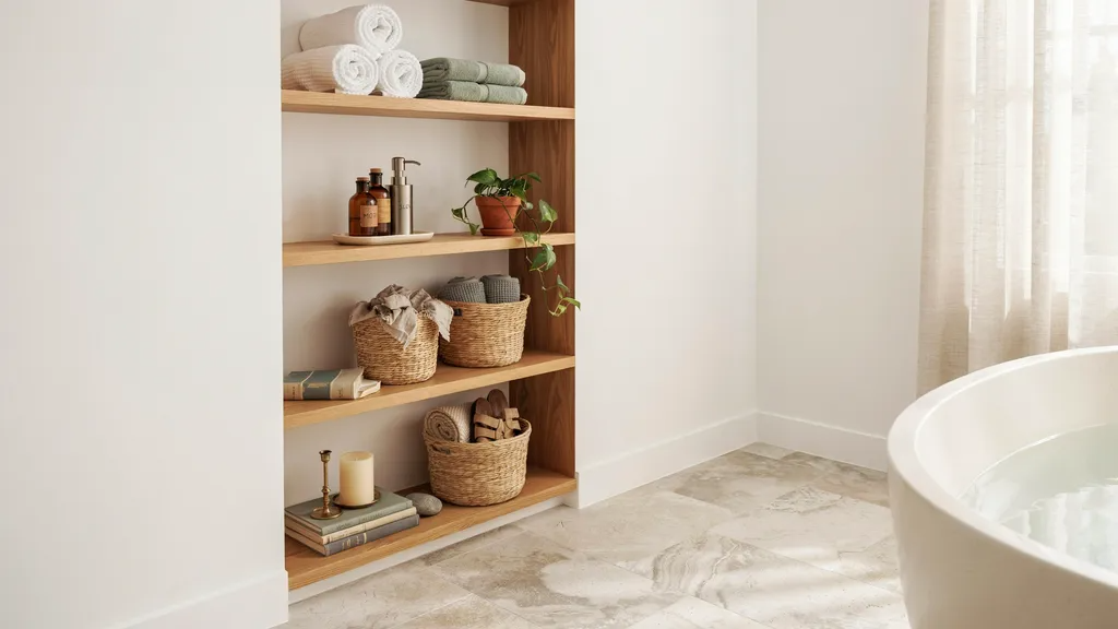 Bookshelf used in bathroom for towels and toiletries.
