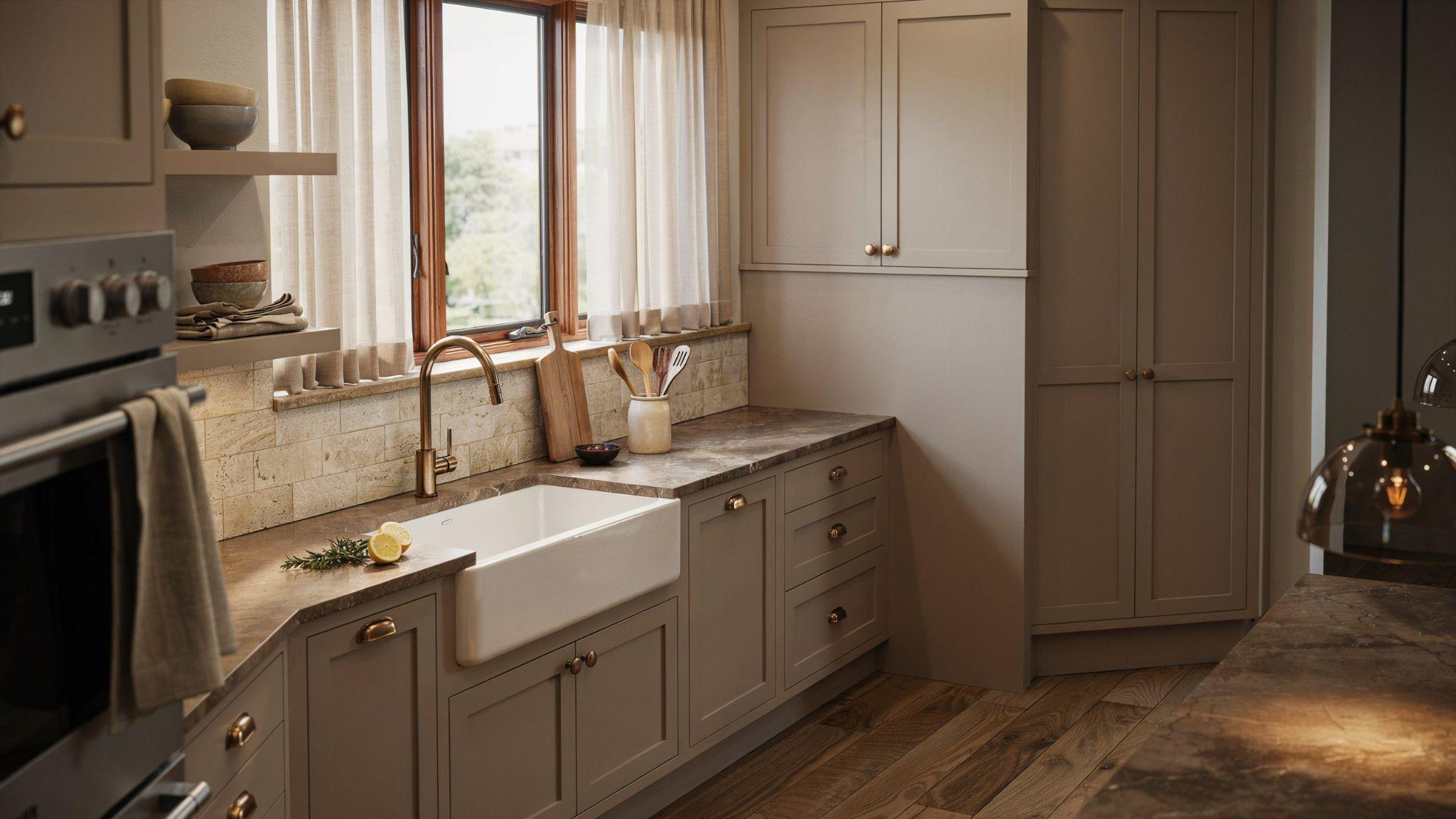 Earthy toned kitchen cabinets blending naturally with rich brown granite countertops