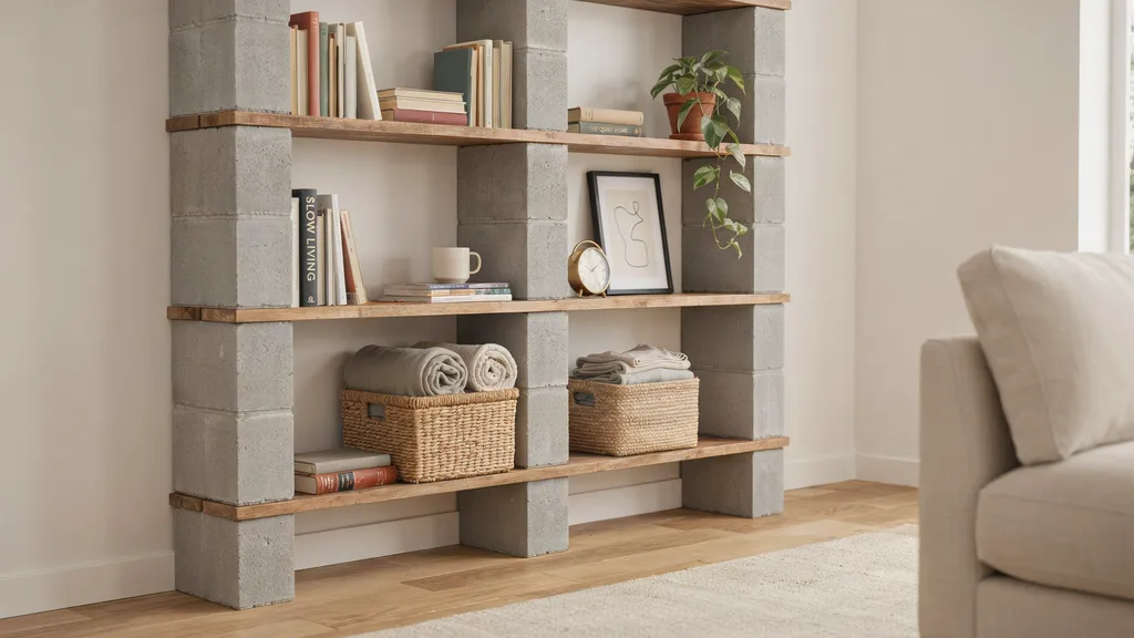Office cinder block bookshelf with books and files