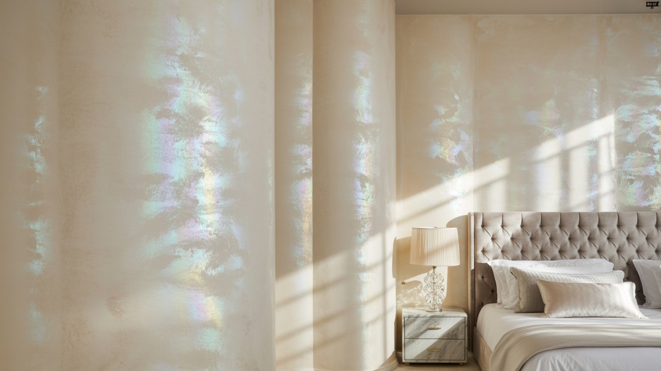 Pearlescent wall finish creating subtle shimmer and elegant visual glow
