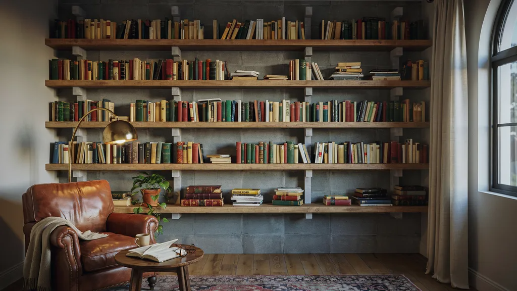 Floor-to-ceiling cinder block bookshelf filled with books