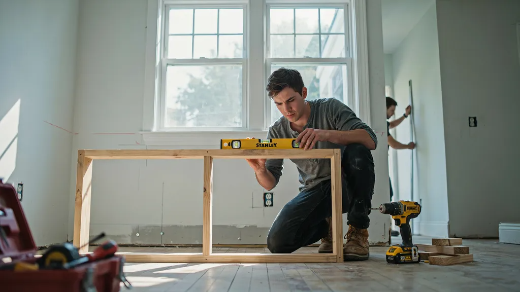 Building a level wooden base frame for a window bookshelf in a home renovation.