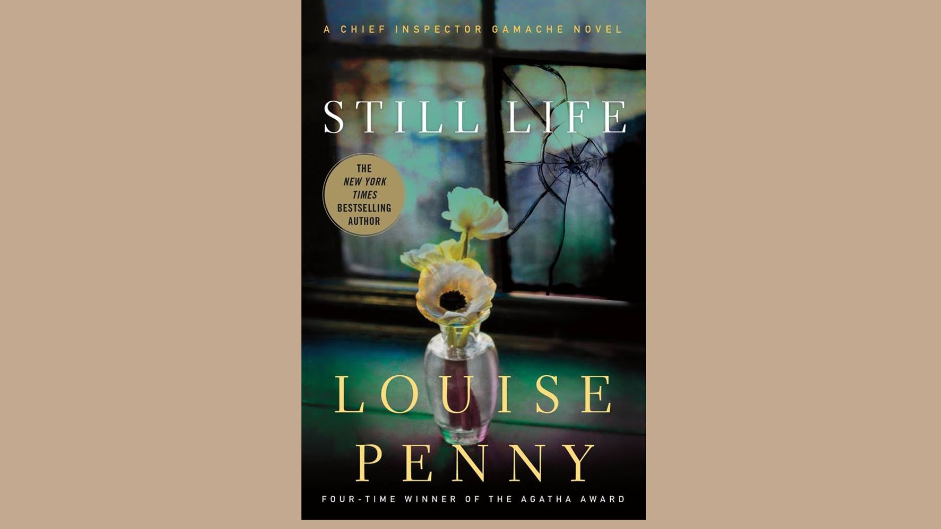 Book cover of "Still Life" by Louise Penny, showcasing a tranquil scene with flowers and a wine bottle on a table.