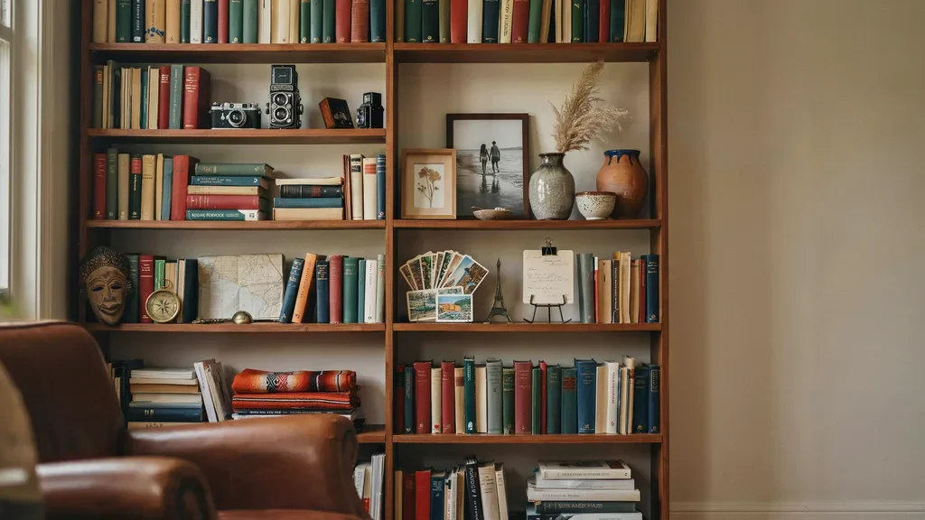 Bookshelf showcasing a collection of vintage and travel-influenced items.