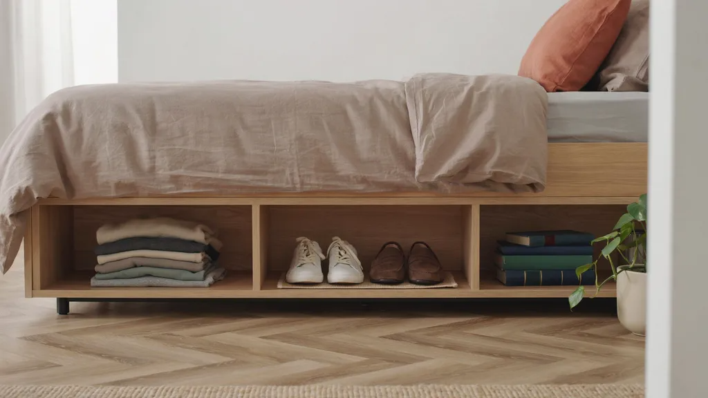Bookshelf used for under-bed storage organization.