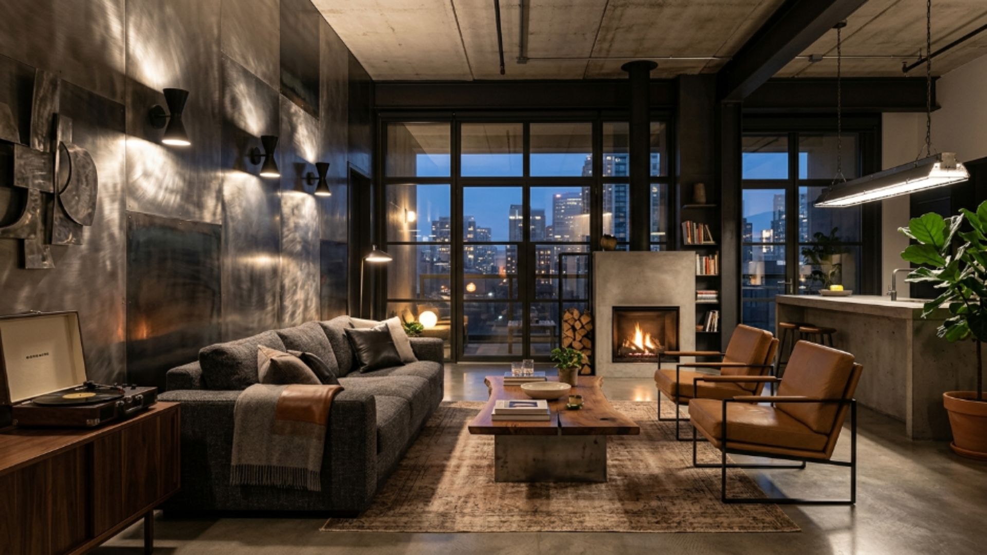 Modern living room featuring a metal panel accent wall.
