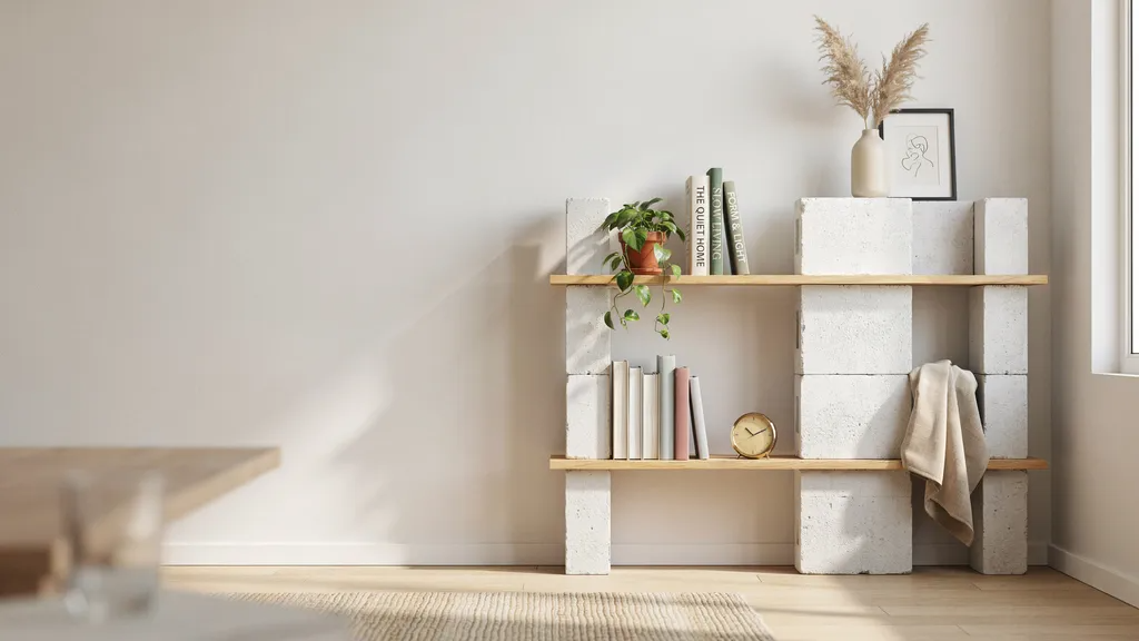 White cinder block bookshelf with light wood shelves in a minimalist room