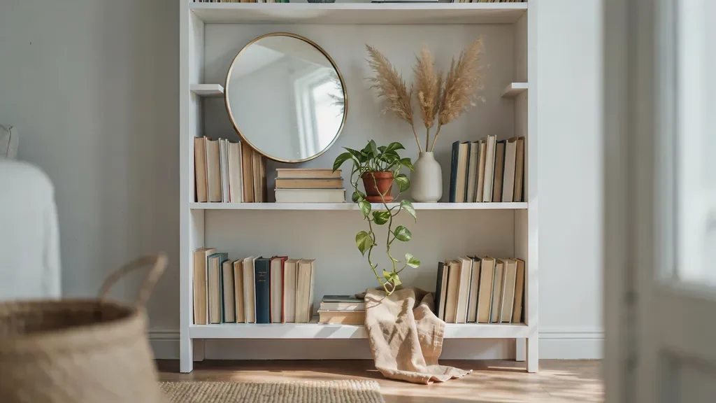 Bookshelf decorated with a mirror to create depth and brightness.