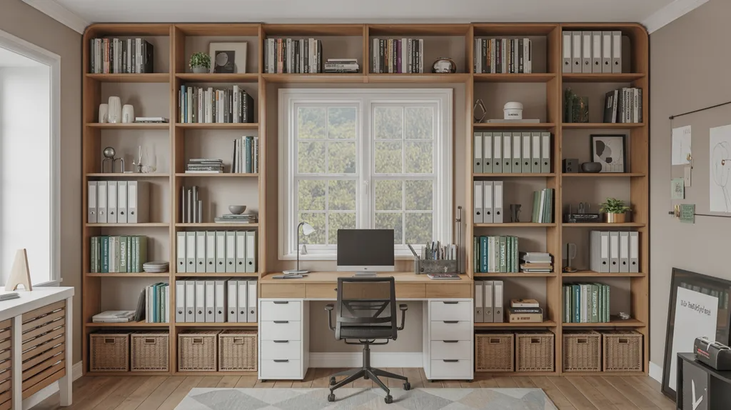 Home office bookshelf wall around a window with books, binders, and storage baskets.