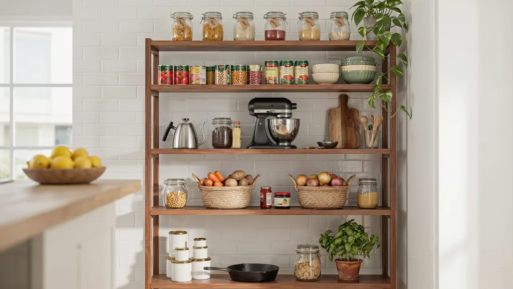 Bookshelf used as kitchen pantry with jars and food storage.