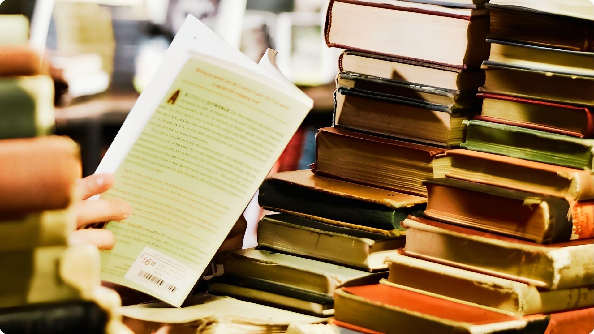 Hand holding a paperback open to the back cover, surrounded by tall stacks of books in a bookstore.