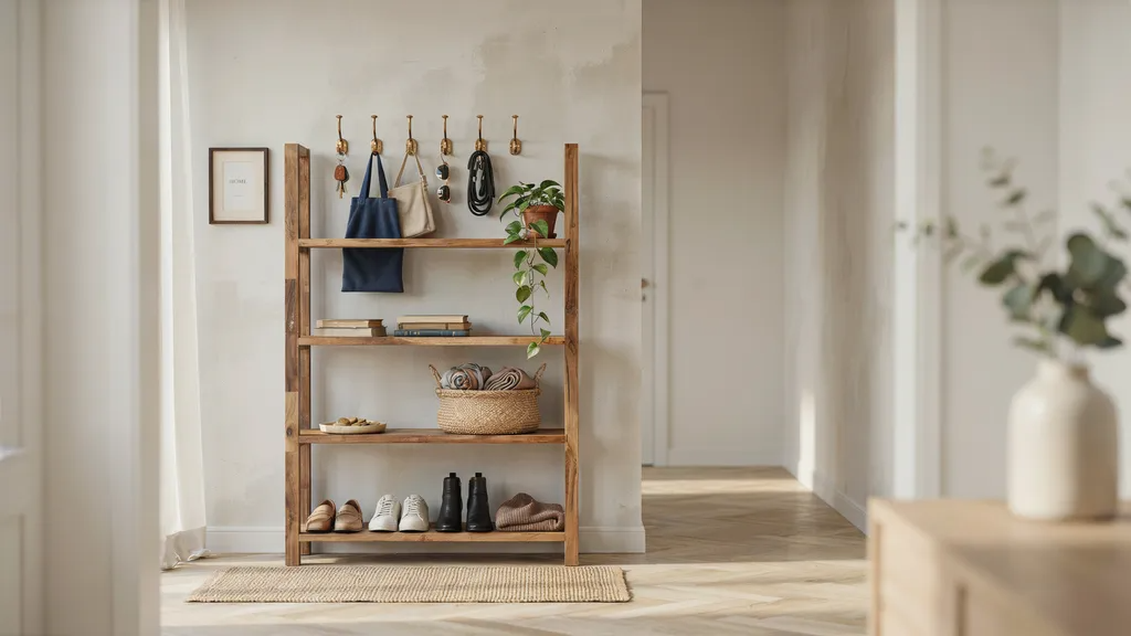Bookshelf used as entryway storage with shoes, bags, and hooks.