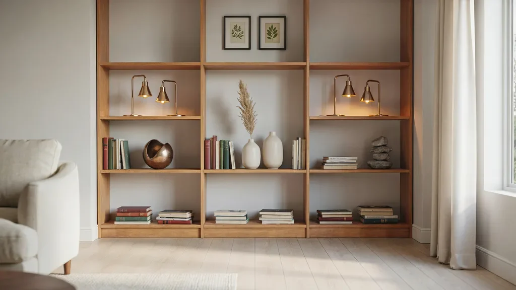 Symmetrically styled bookshelf with balanced books and decor.