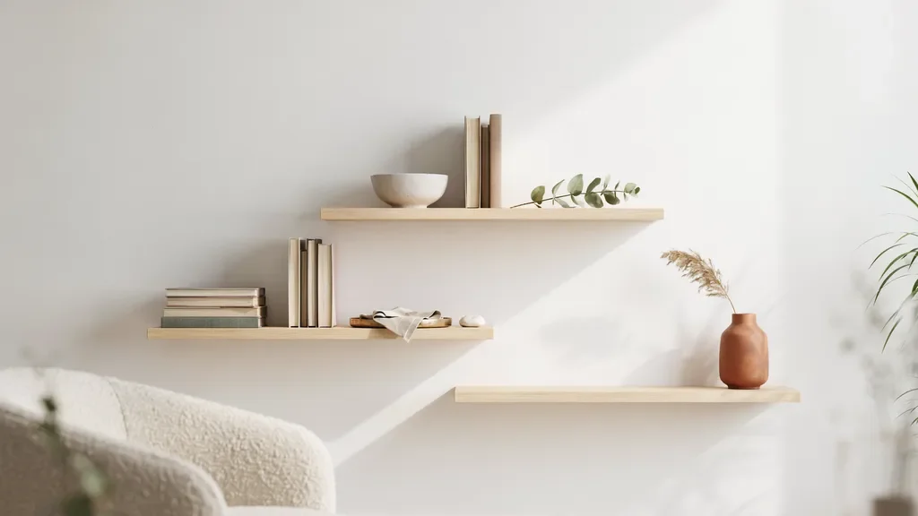 Minimalist floating shelves styled with books and simple decor.
