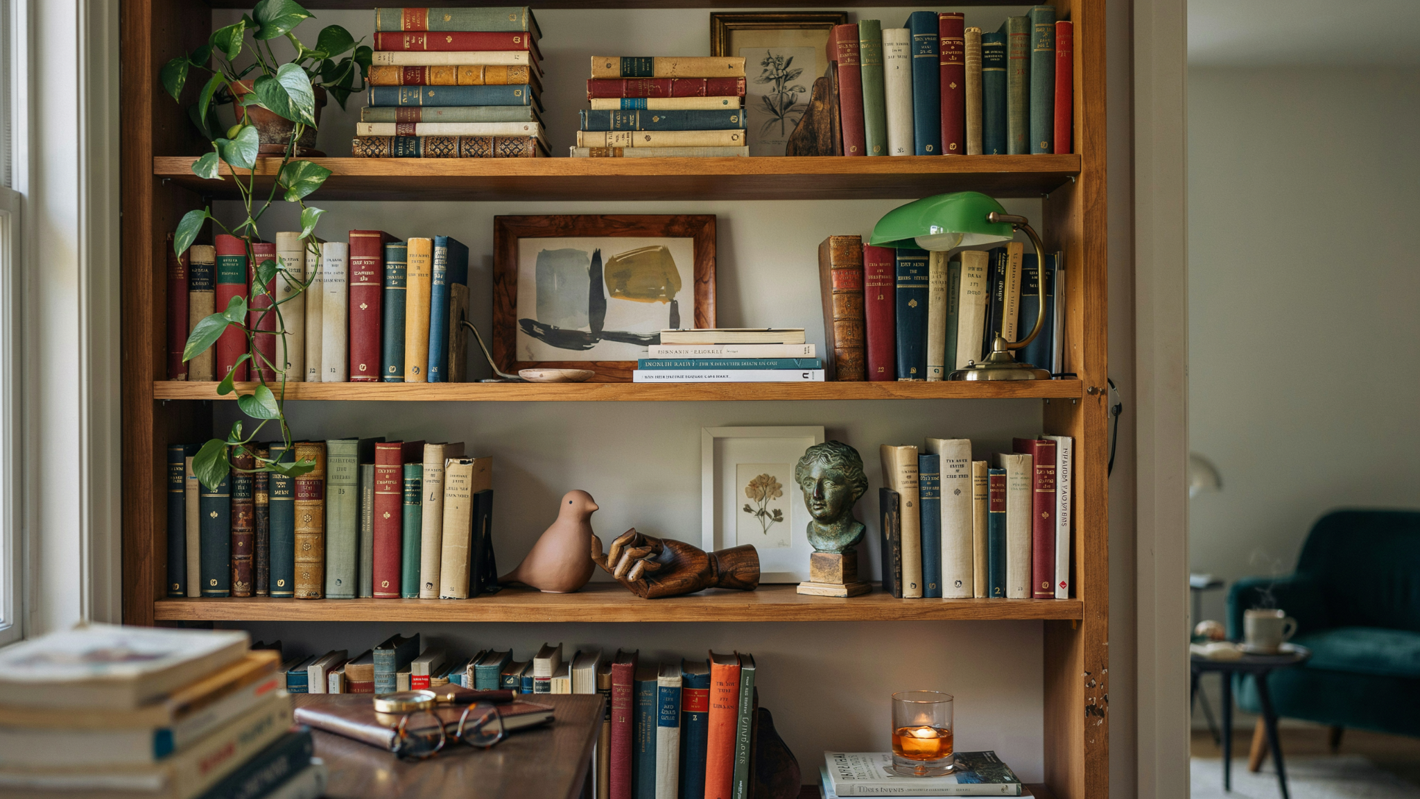 Bookshelf featuring layered decor and a cozy lived-in appearance.