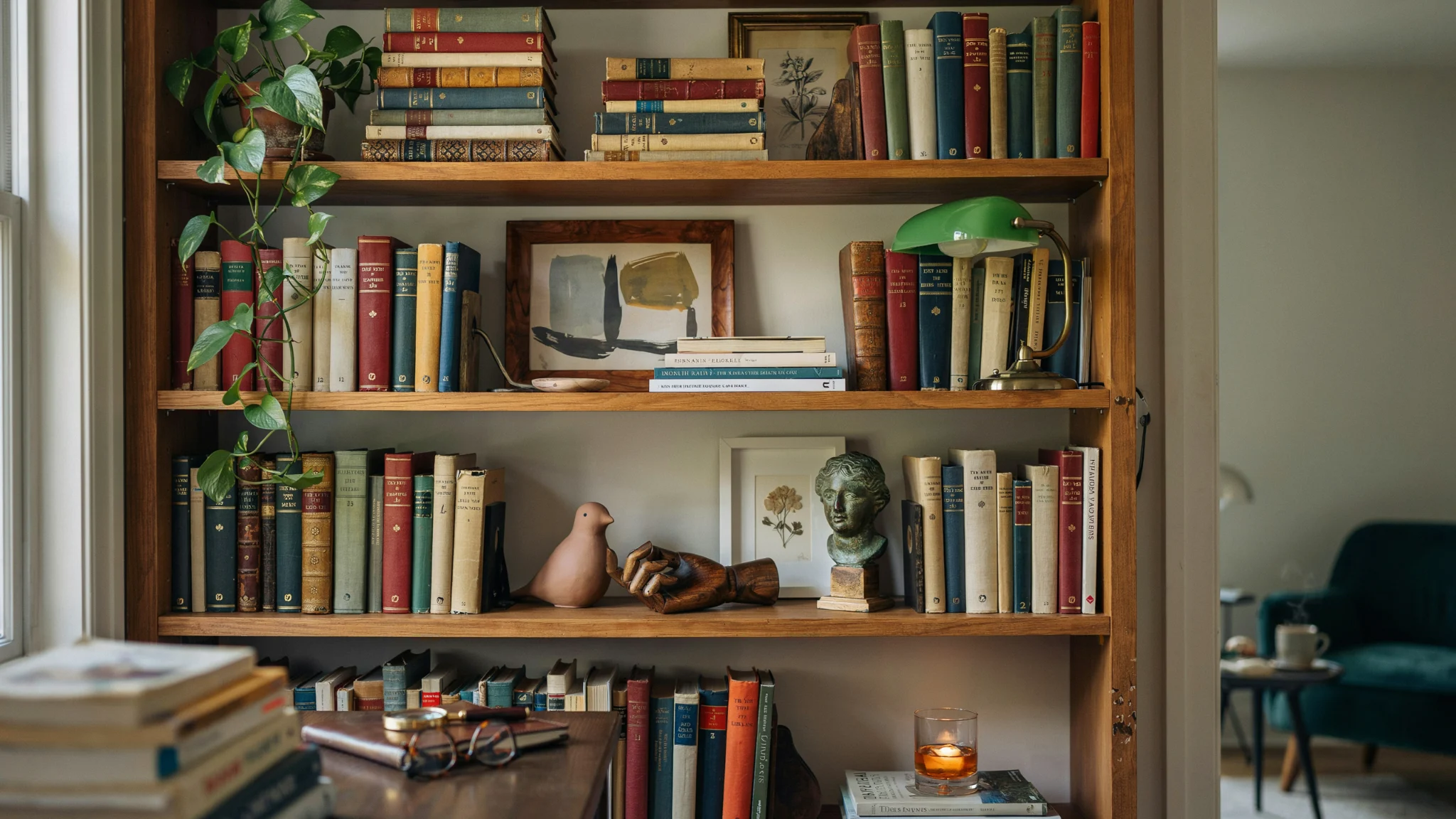 Bookshelf featuring layered decor and a cozy lived-in appearance.