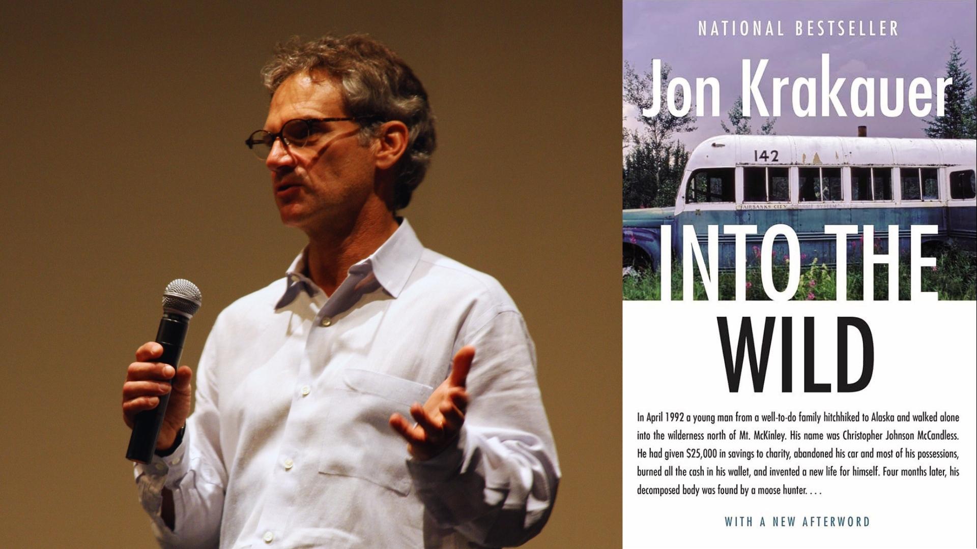 Split image Jon Krakauer speaks on stage with microphone left, Into the Wild book cover showing Bus 142 right.