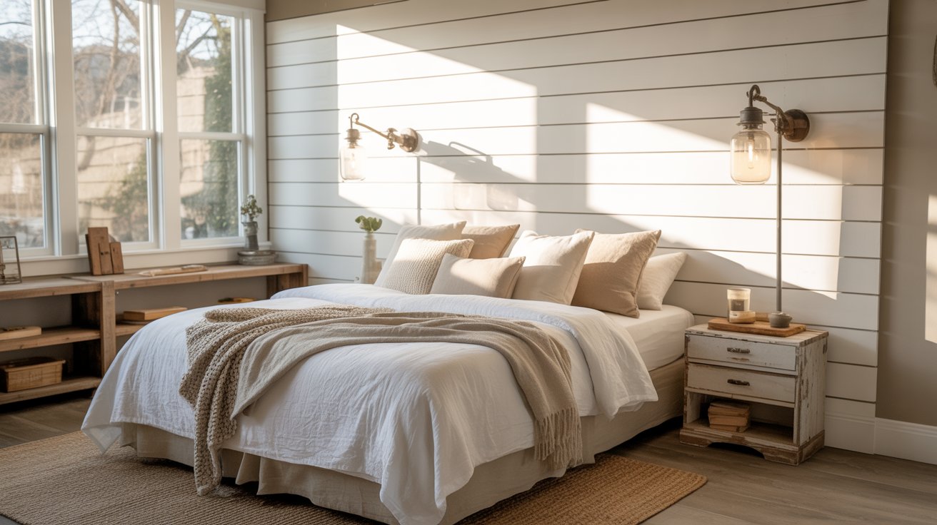 Shiplap inspired painted wall adding farmhouse charm and structure to room