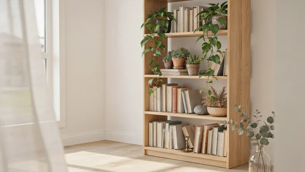 Bookshelf styled with plants, books, and greenery for a fresh natural look.