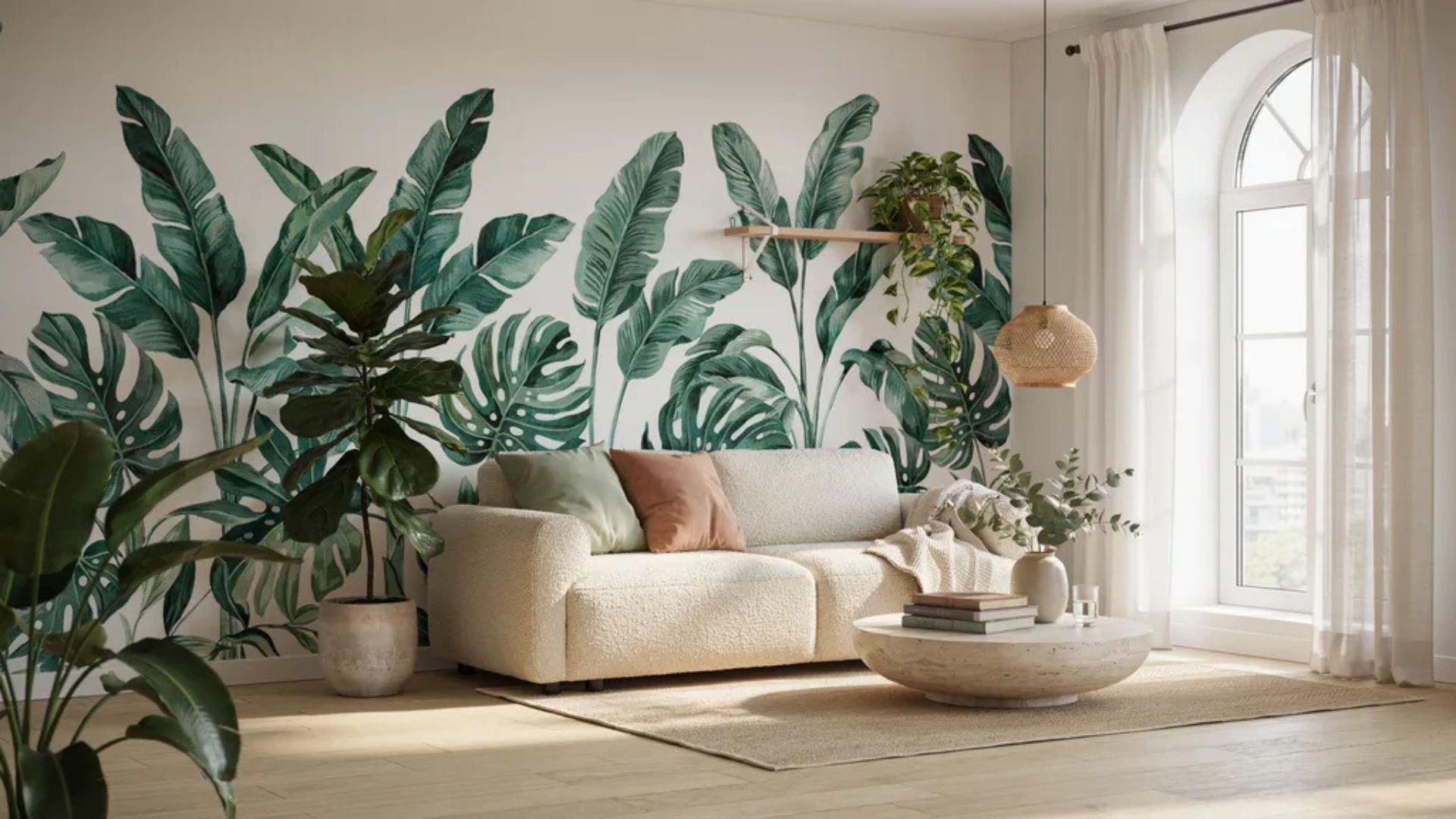 Botanical wallpaper accent wall featuring nature-influenced patterns.