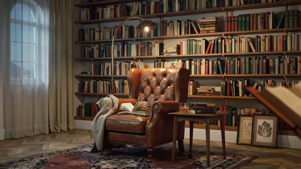 Home library with floor-to-ceiling bookshelves and reading nook.