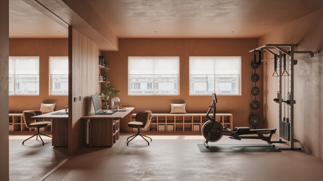 Modern greige gym walls blending fitness space with functional home office