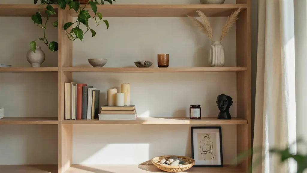 Bookshelf decorated with books, candles, vases, and decorative sculptures.